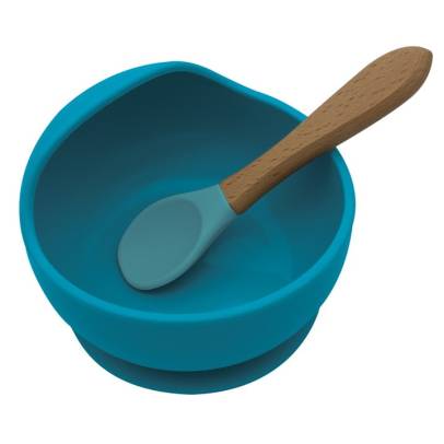 Kit Bowl em Silicone com Colher de Bambu Azul KaBaby 01